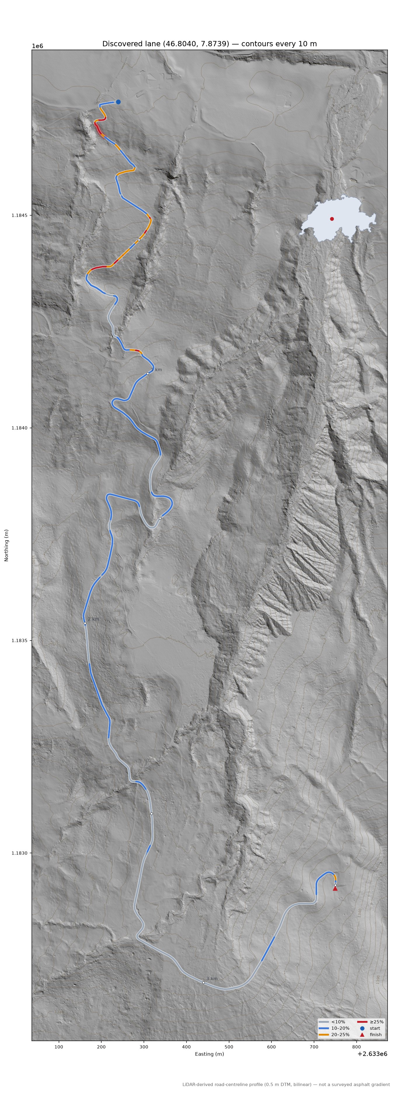 Discovered lane (46.8040, 7.8739) LiDAR hillshade map with contours