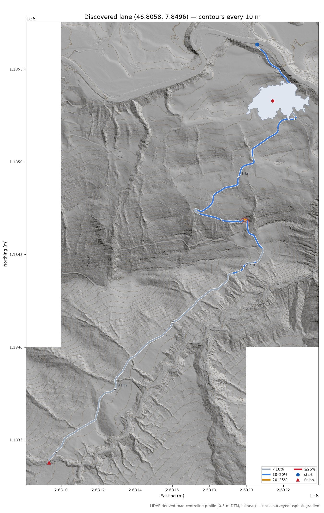 Discovered lane (46.8058, 7.8496) LiDAR hillshade map with contours
