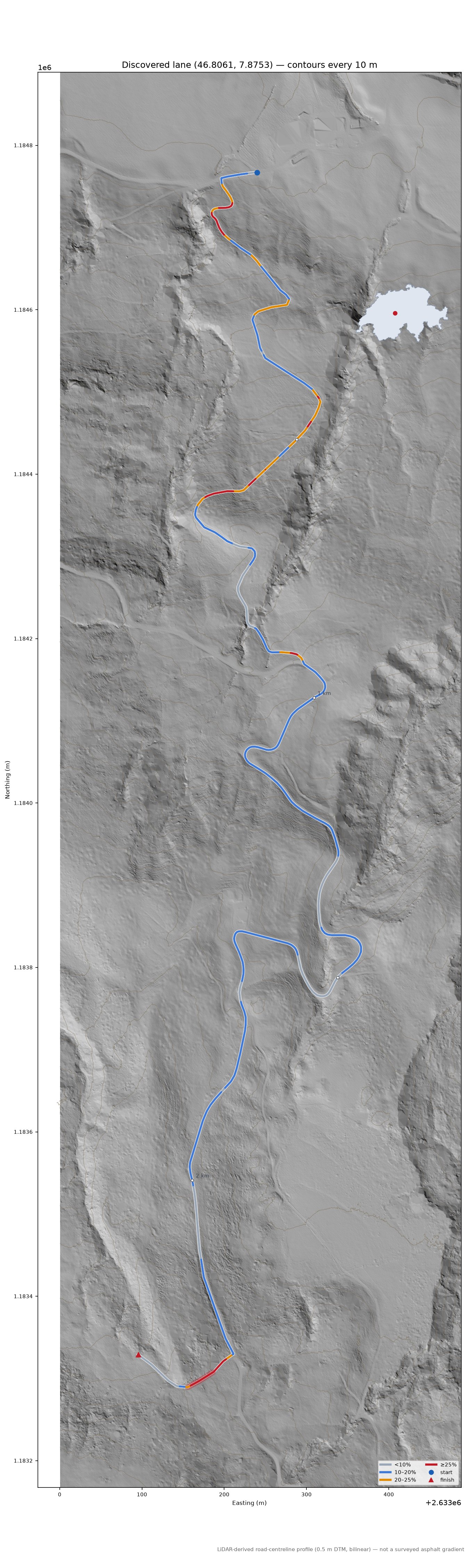 Discovered lane (46.8061, 7.8753) LiDAR hillshade map with contours