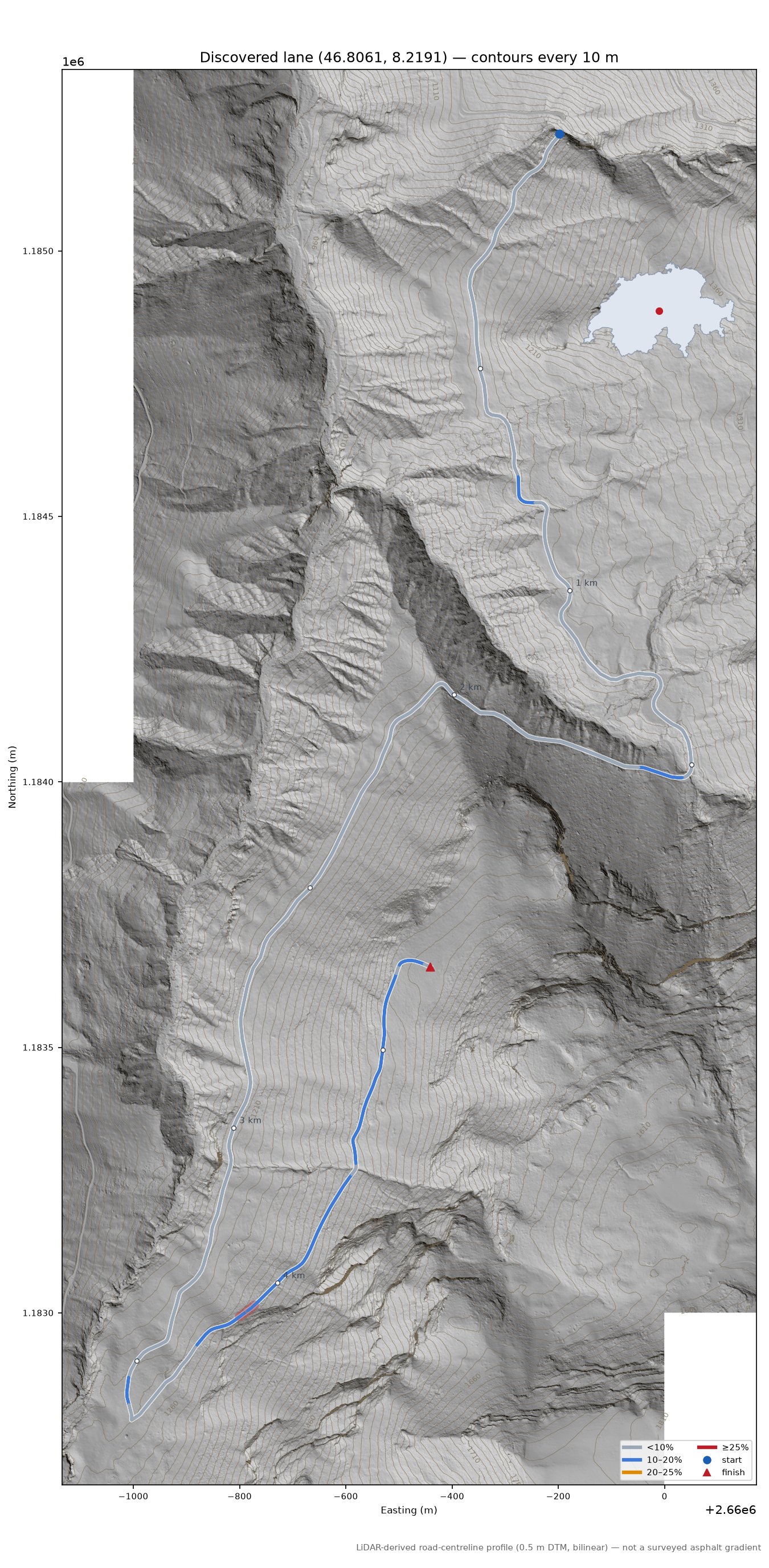 Discovered lane (46.8061, 8.2191) LiDAR hillshade map with contours