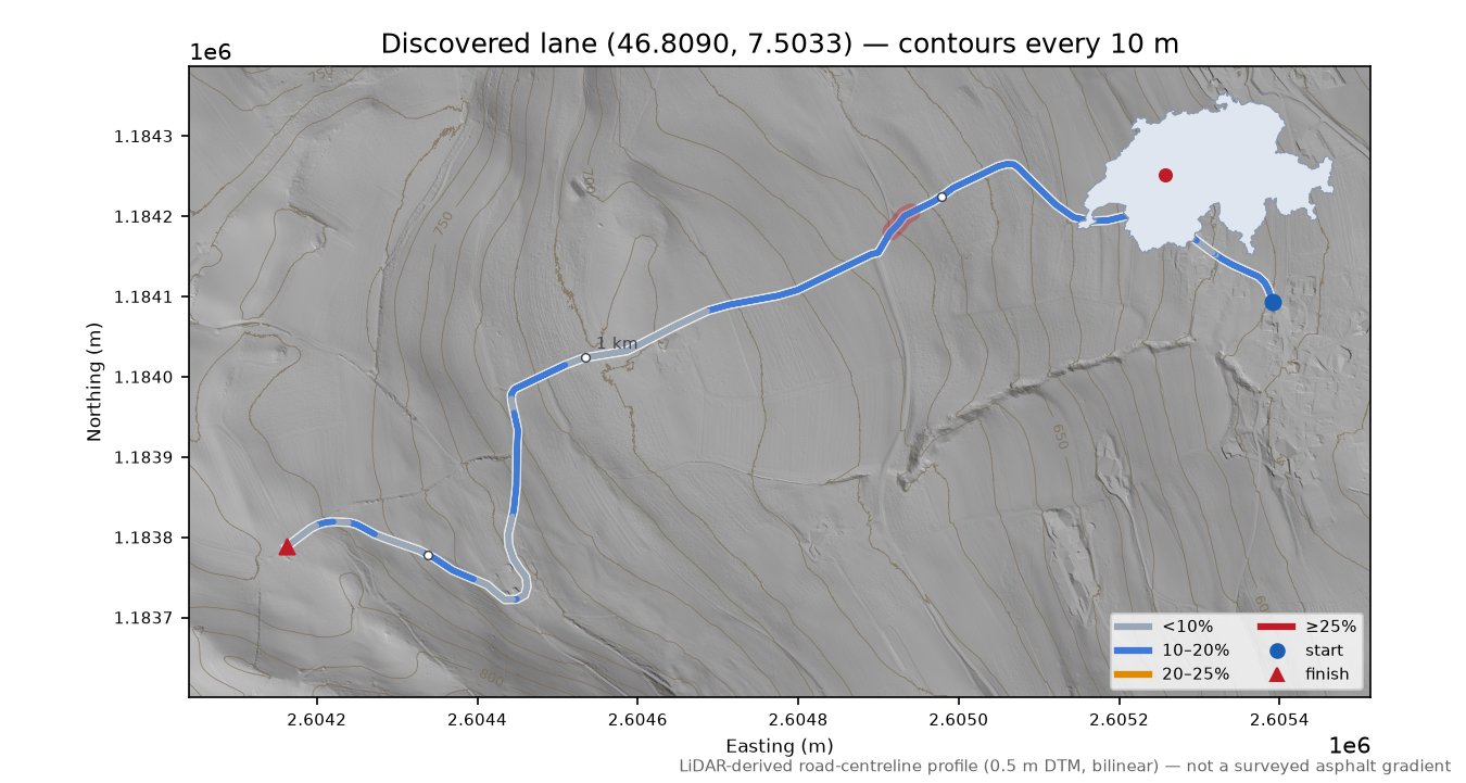 Discovered lane (46.8090, 7.5033) LiDAR hillshade map with contours