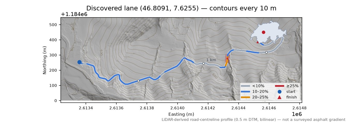Discovered lane (46.8091, 7.6255) LiDAR hillshade map with contours