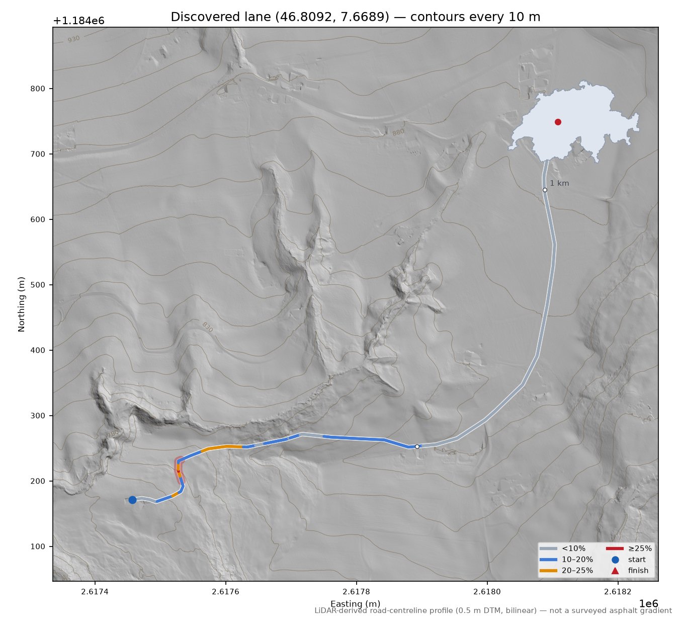 Discovered lane (46.8092, 7.6689) LiDAR hillshade map with contours