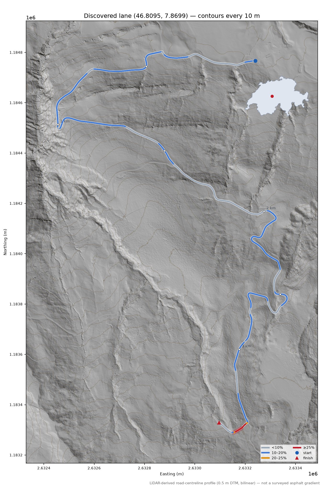 Discovered lane (46.8095, 7.8699) LiDAR hillshade map with contours