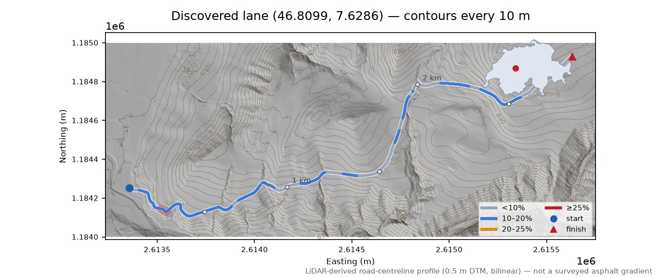 Discovered lane (46.8099, 7.6286) LiDAR hillshade map with contours