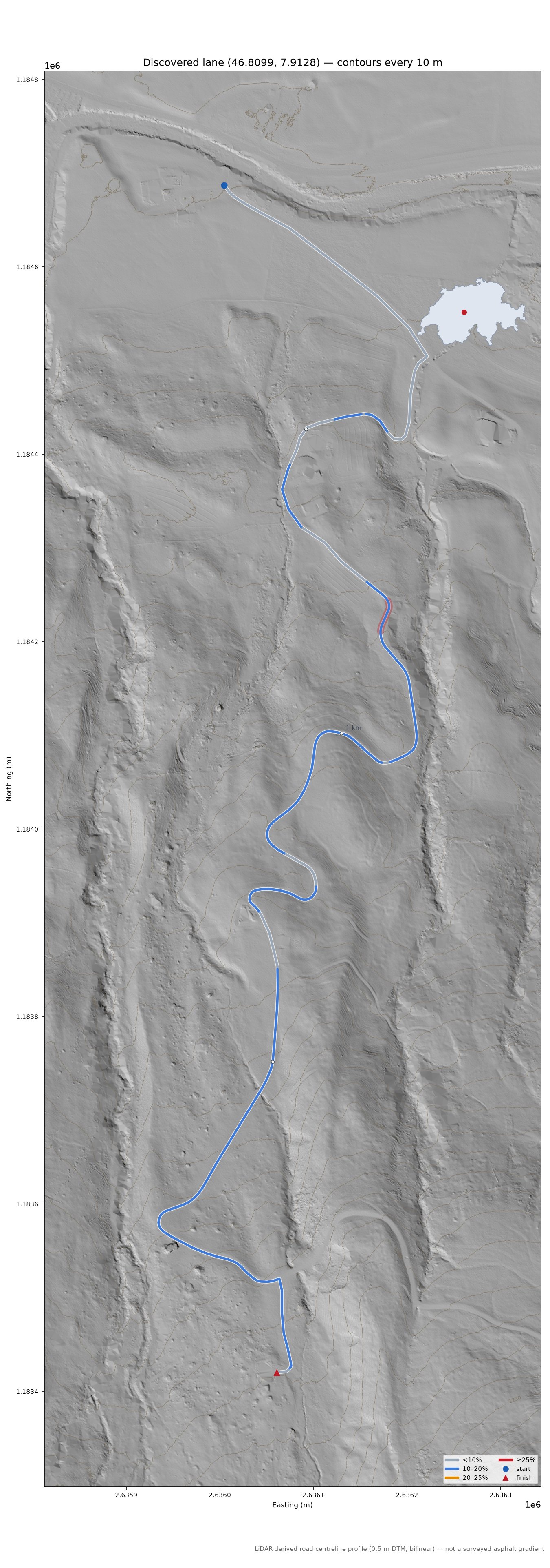 Discovered lane (46.8099, 7.9128) LiDAR hillshade map with contours