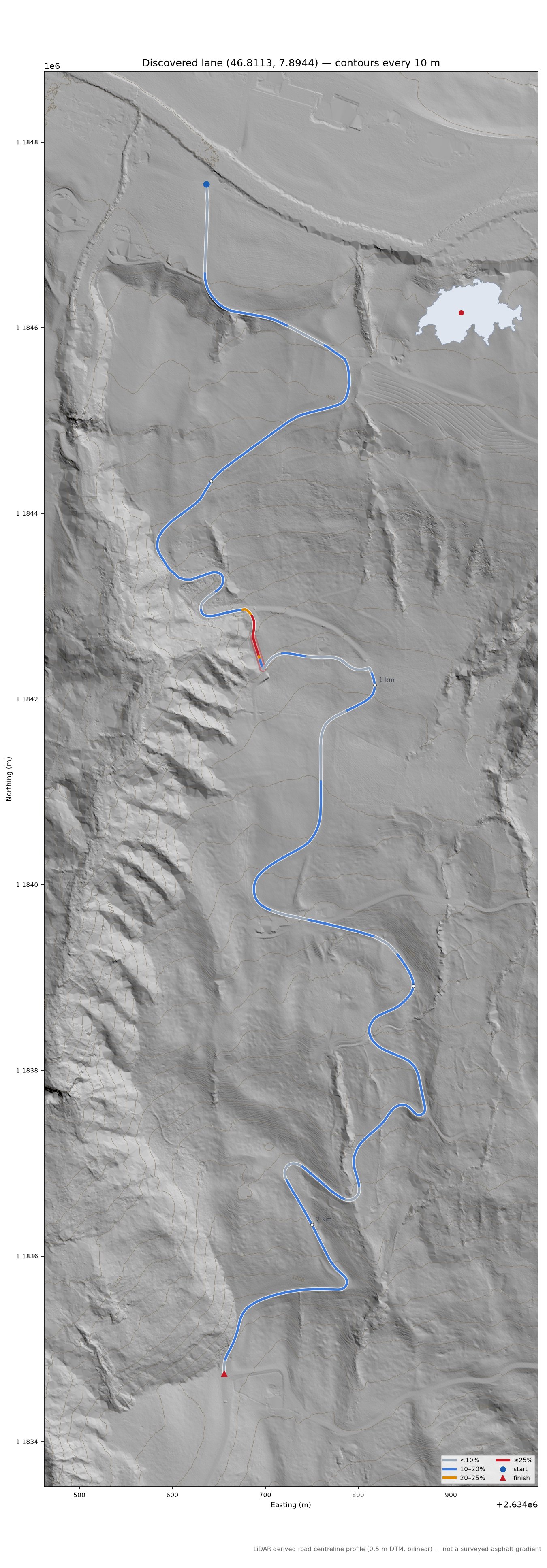 Discovered lane (46.8113, 7.8944) LiDAR hillshade map with contours