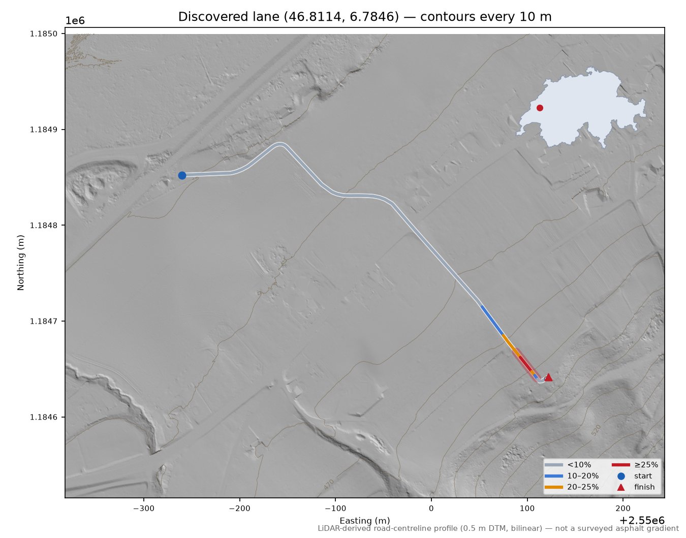 Discovered lane (46.8114, 6.7846) LiDAR hillshade map with contours