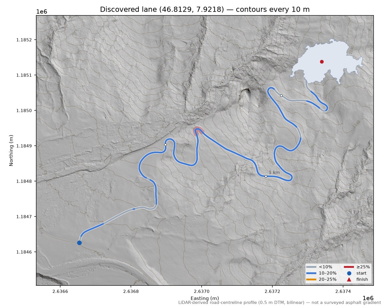 Discovered lane (46.8129, 7.9218) LiDAR hillshade map with contours