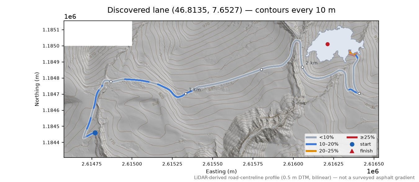 Discovered lane (46.8135, 7.6527) LiDAR hillshade map with contours