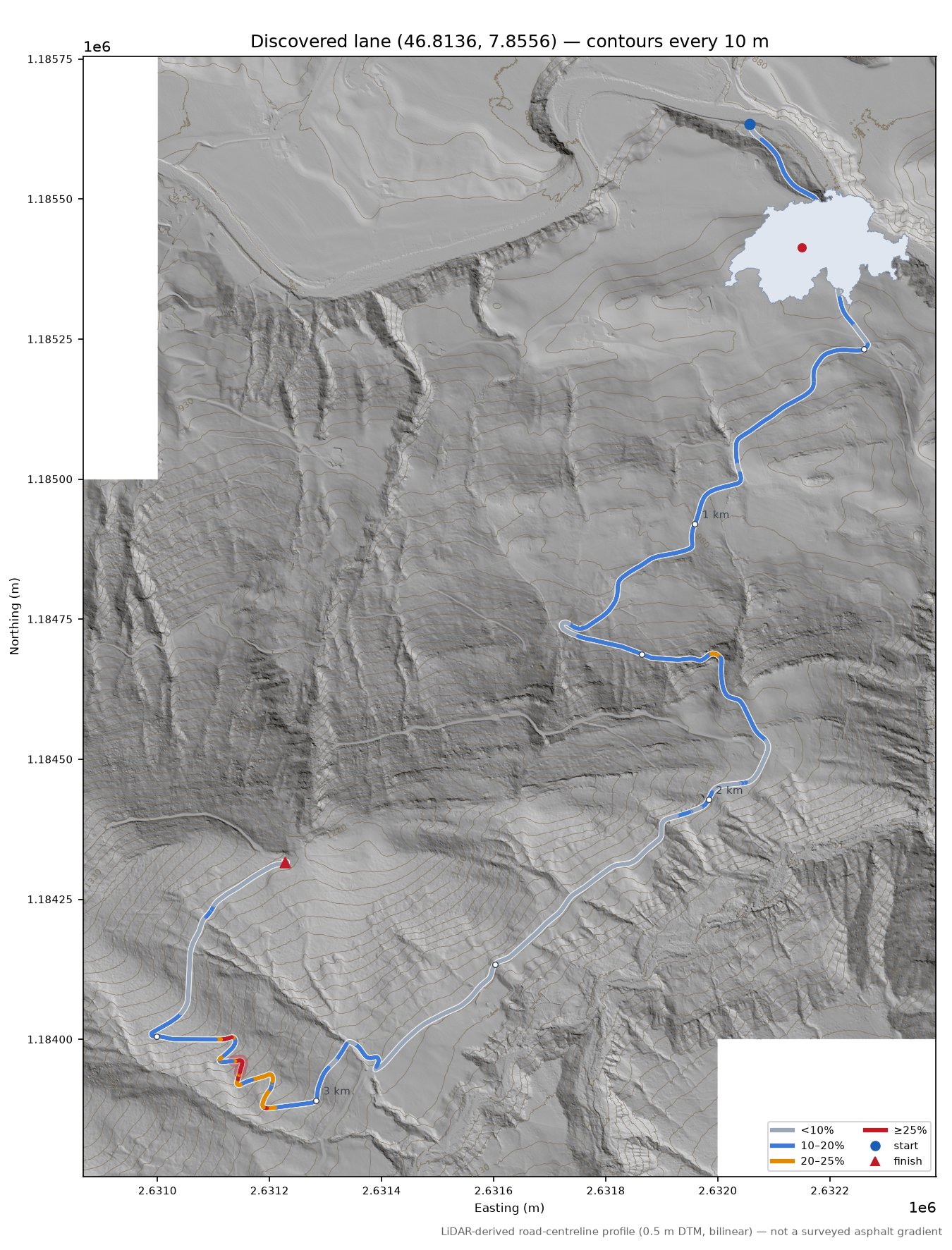 Discovered lane (46.8136, 7.8556) LiDAR hillshade map with contours