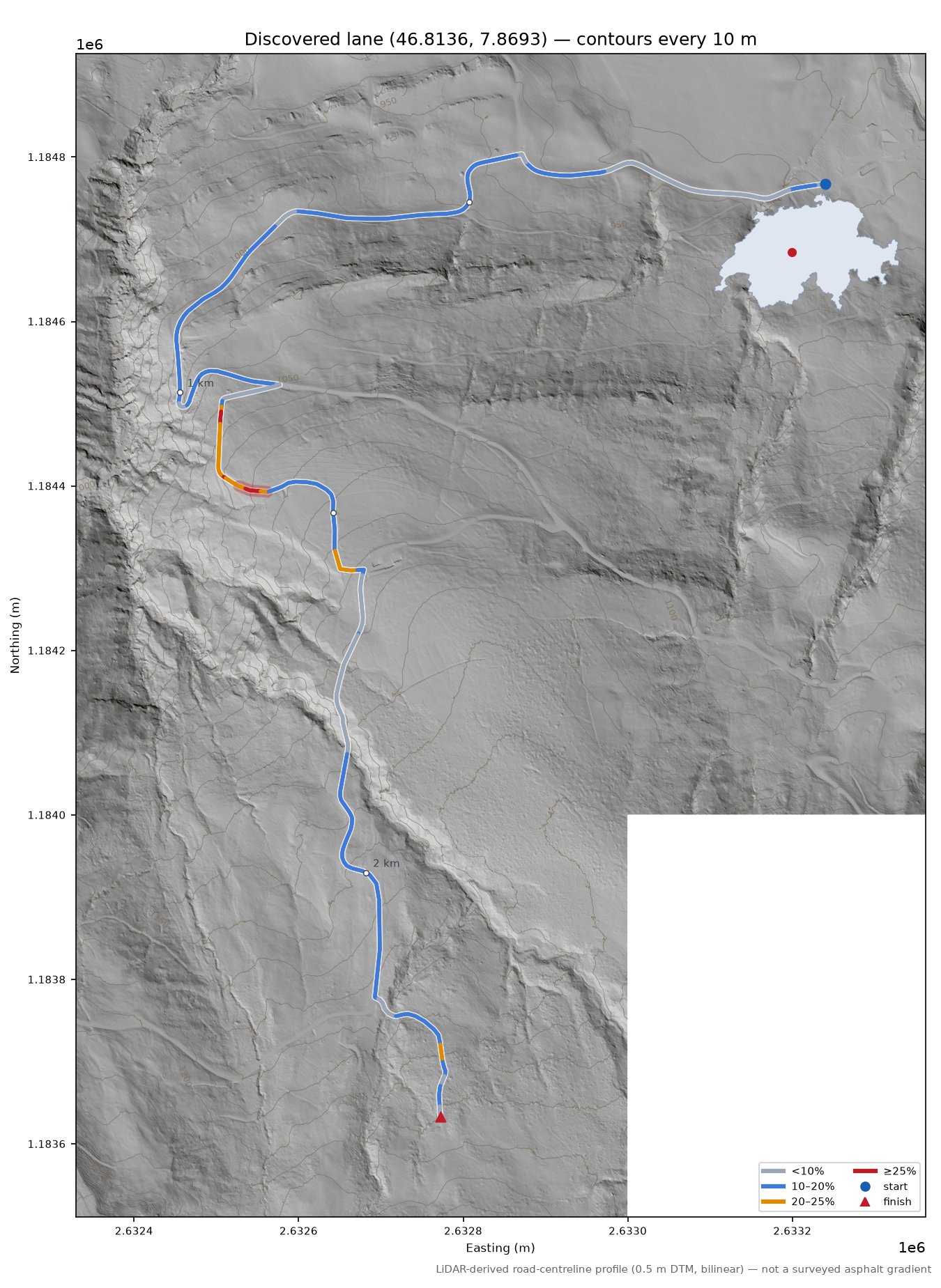 Discovered lane (46.8136, 7.8693) LiDAR hillshade map with contours