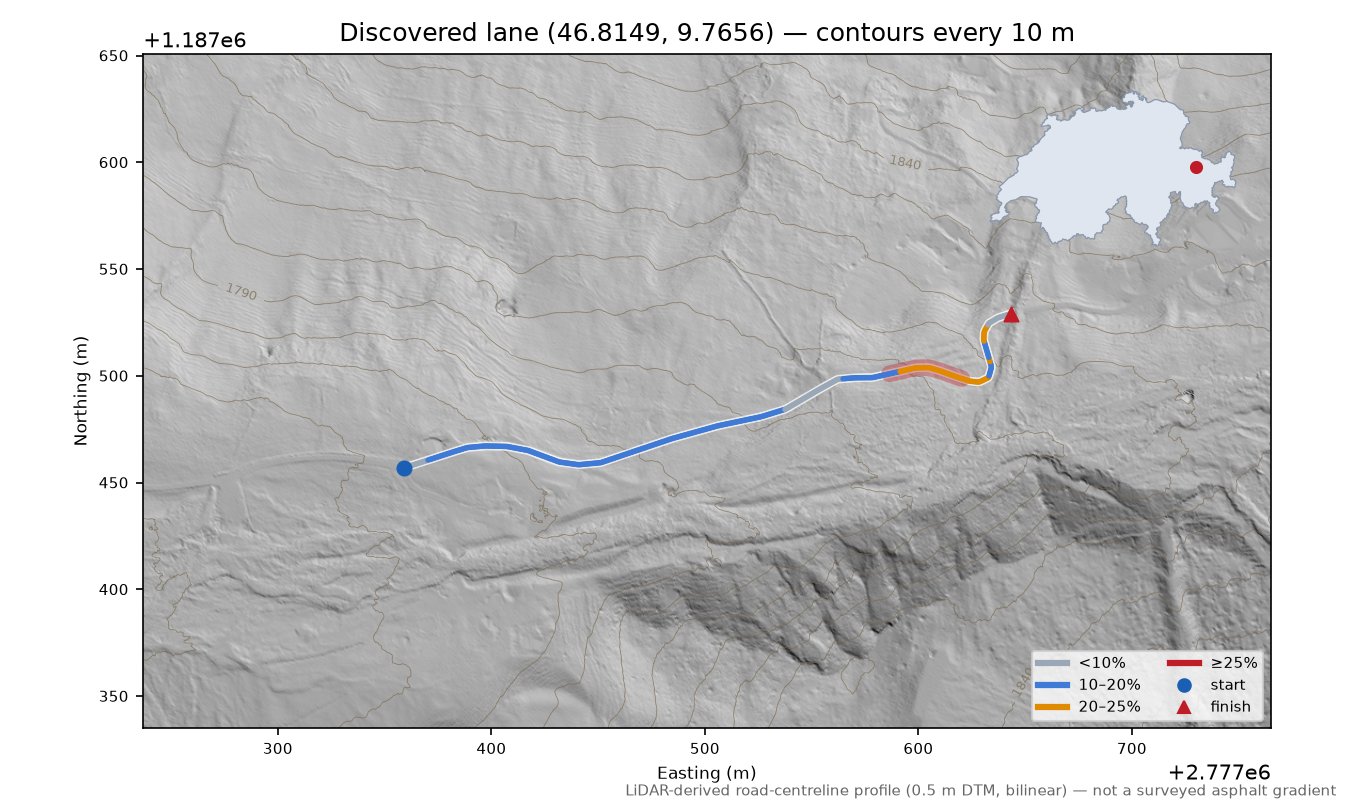 Discovered lane (46.8149, 9.7656) LiDAR hillshade map with contours