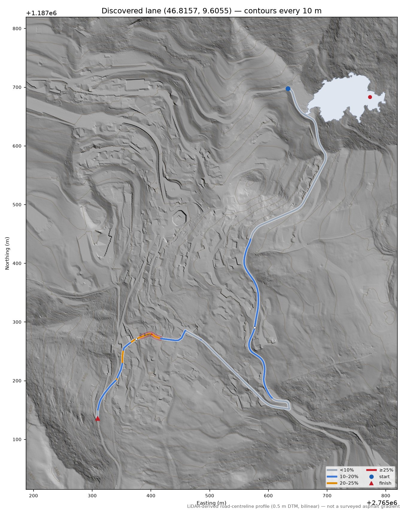 Discovered lane (46.8157, 9.6055) LiDAR hillshade map with contours