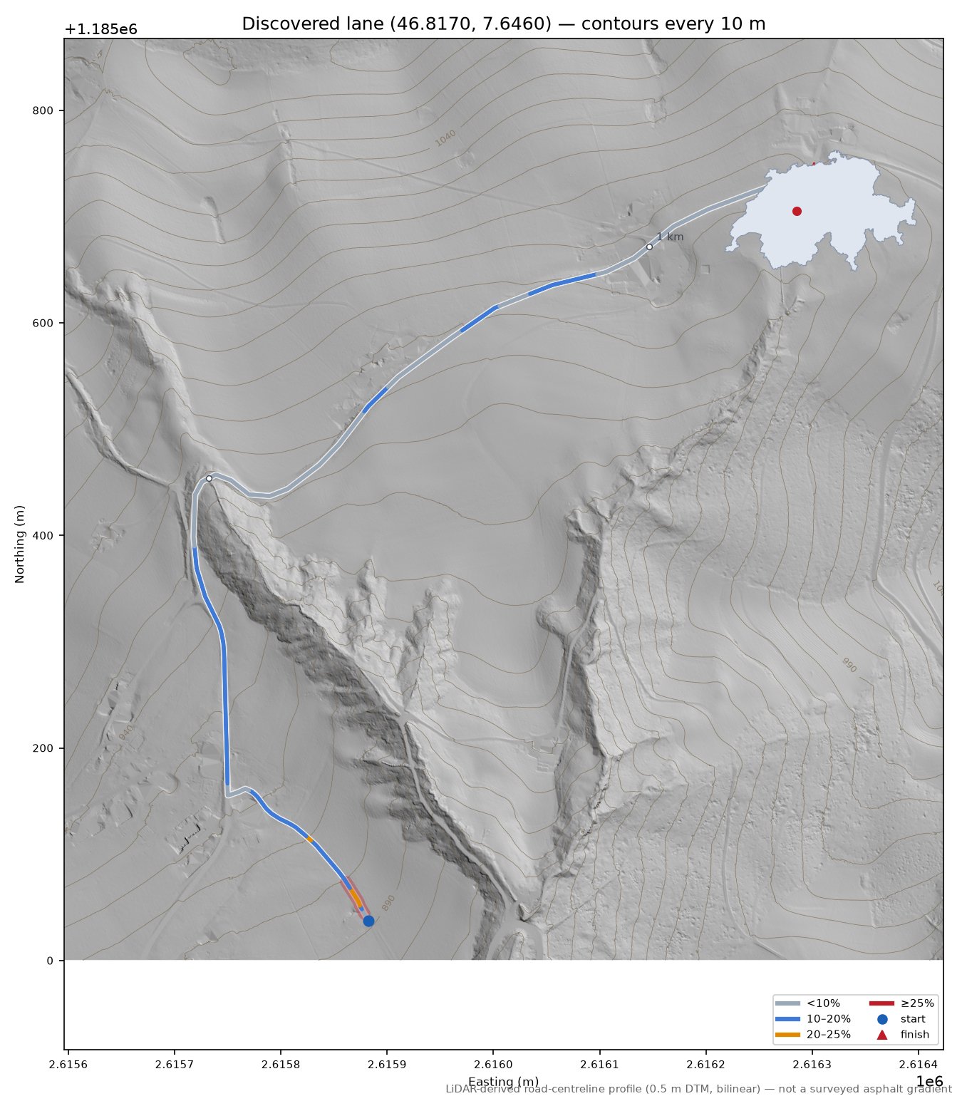 Discovered lane (46.8170, 7.6460) LiDAR hillshade map with contours