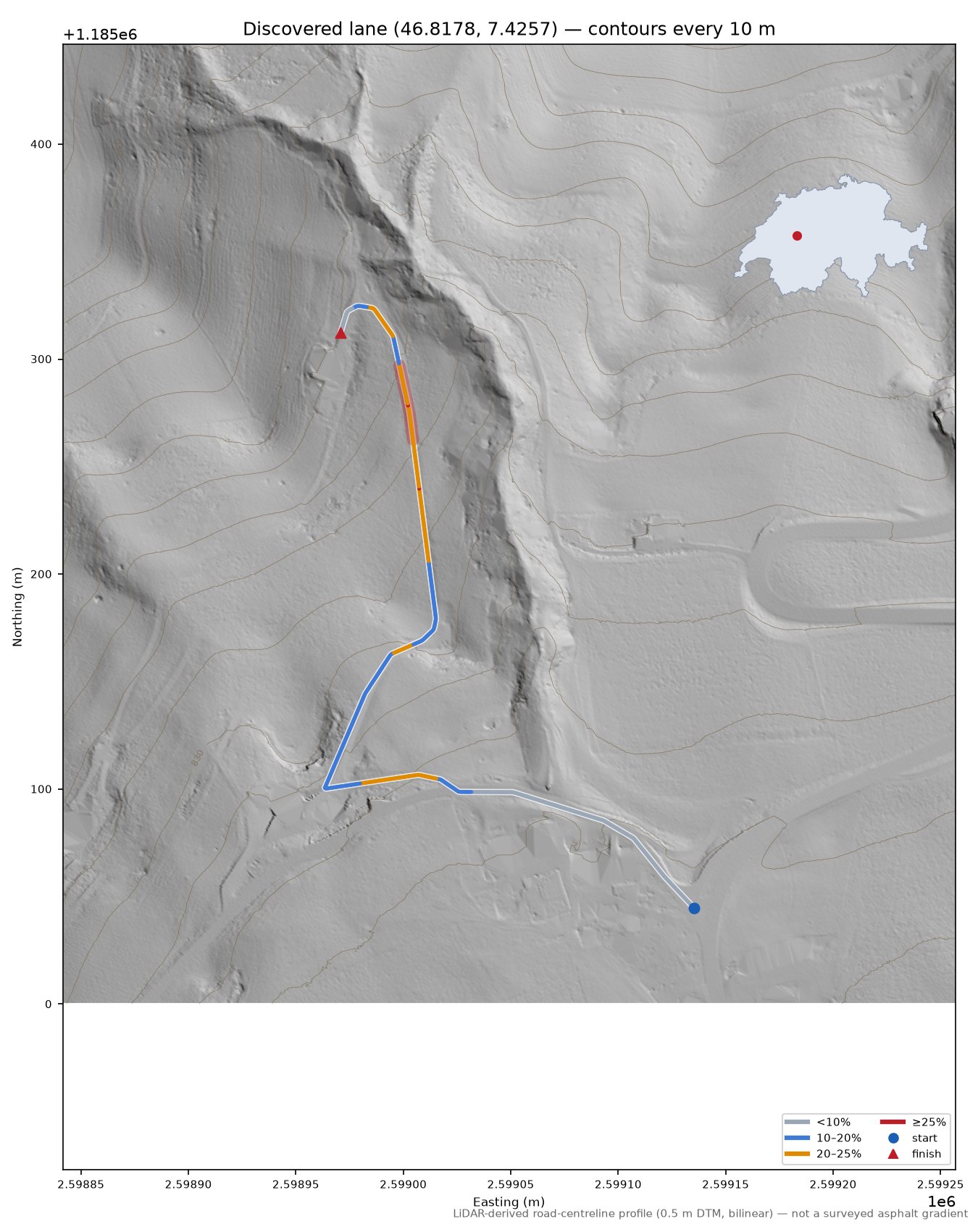 Discovered lane (46.8178, 7.4257) LiDAR hillshade map with contours