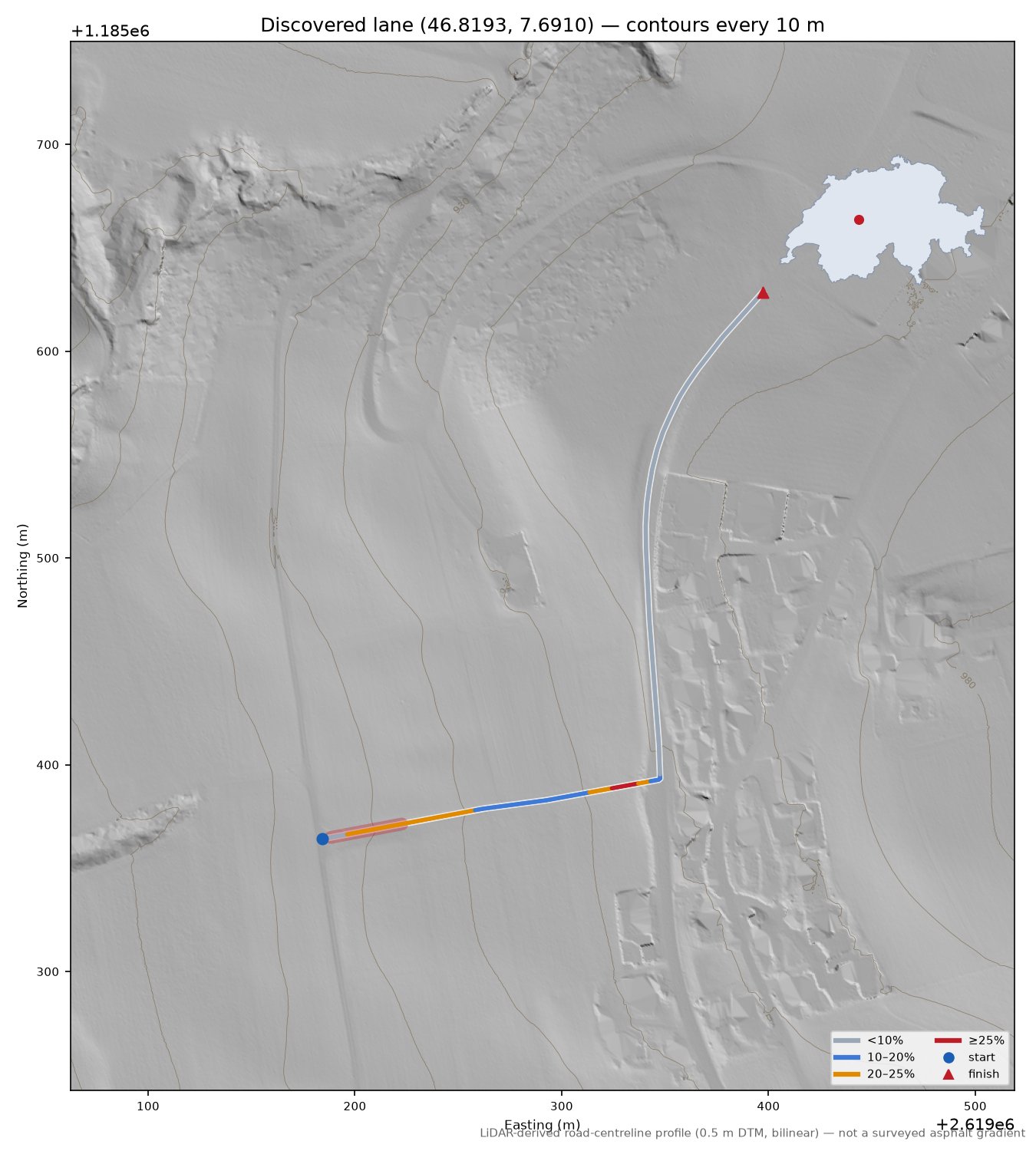 Discovered lane (46.8193, 7.6910) LiDAR hillshade map with contours
