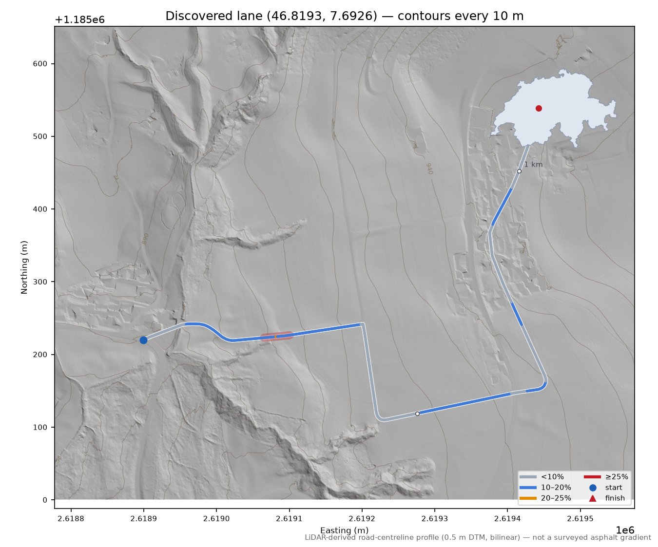 Discovered lane (46.8193, 7.6926) LiDAR hillshade map with contours