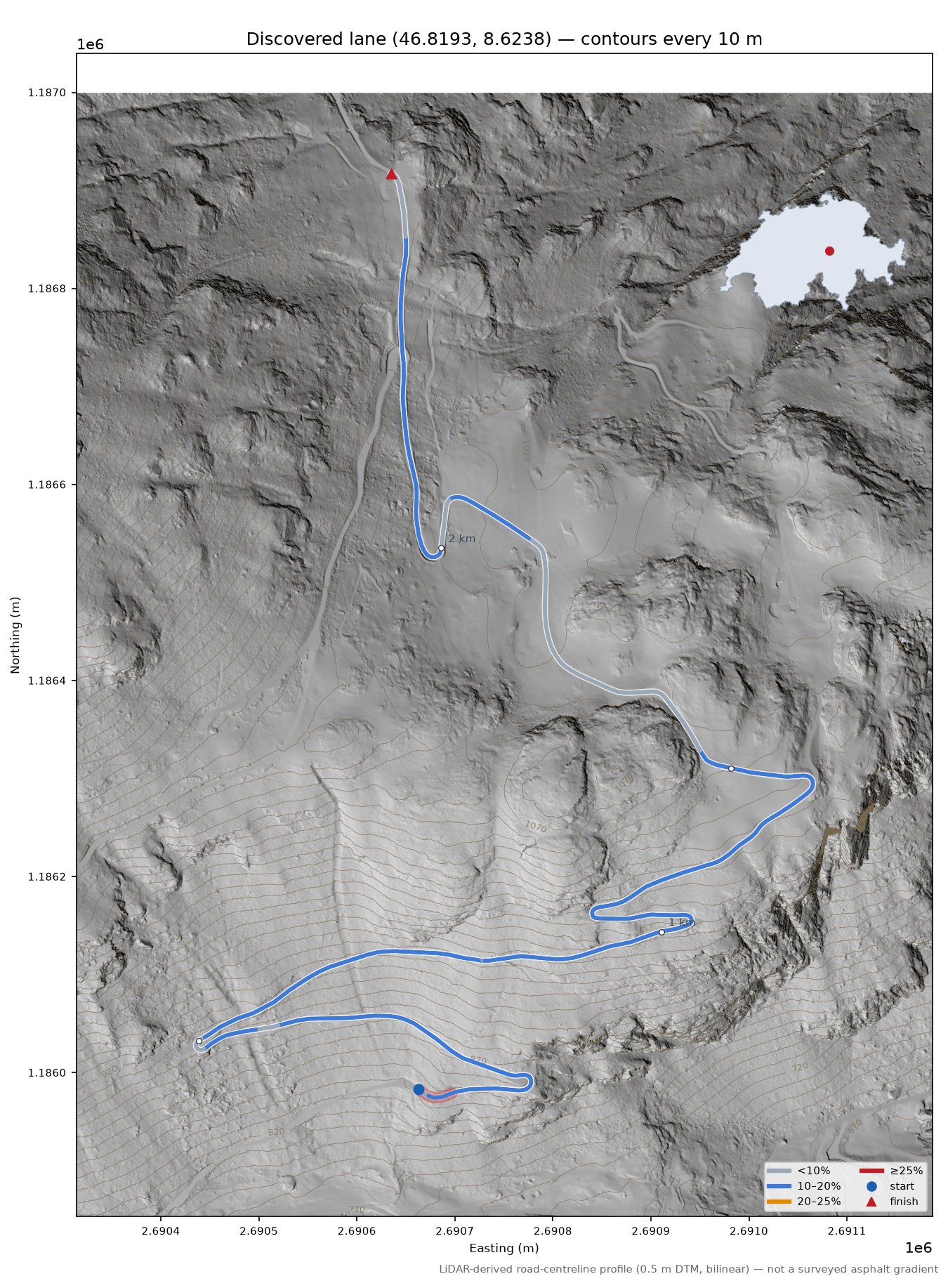 Discovered lane (46.8193, 8.6238) LiDAR hillshade map with contours