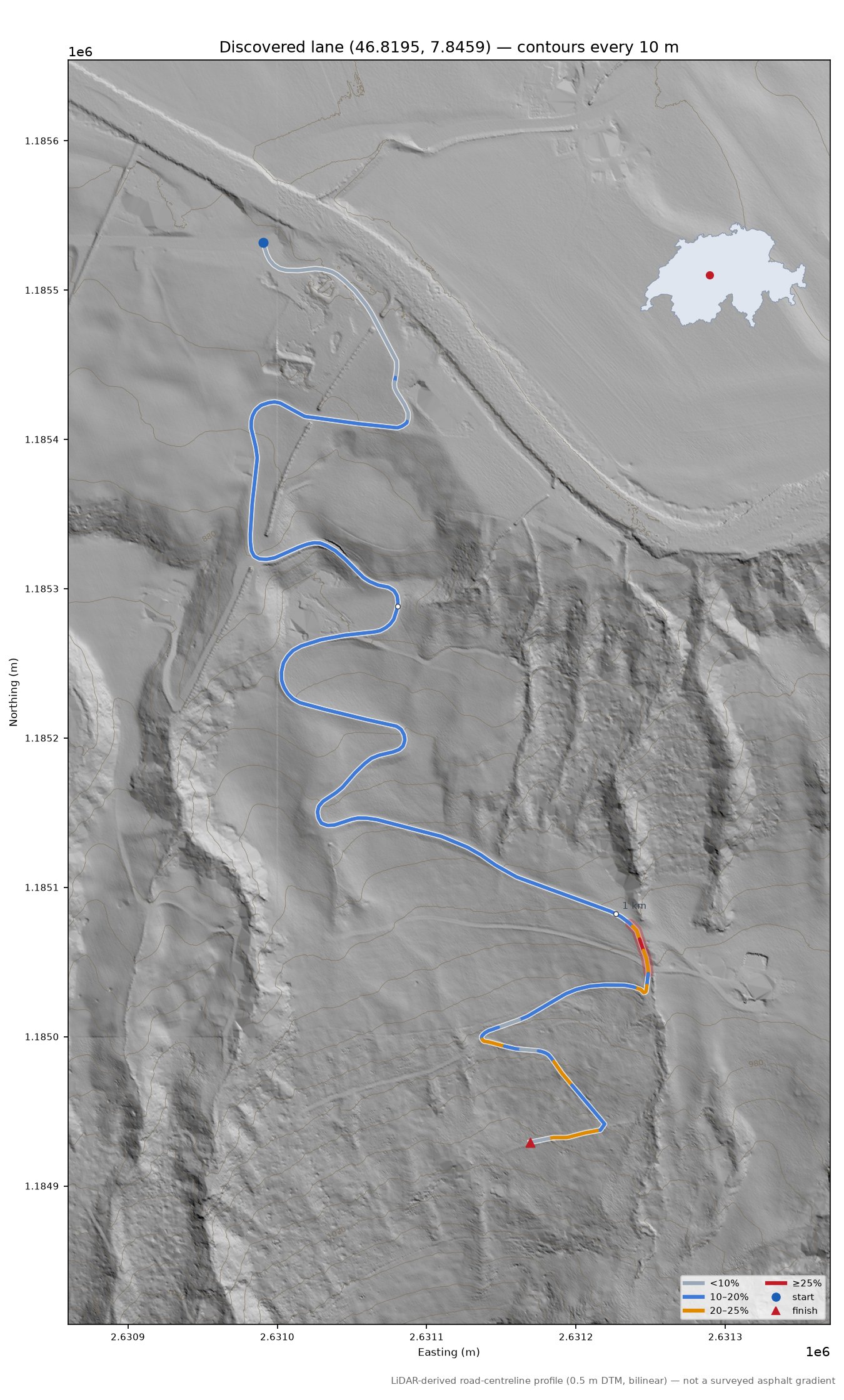 Discovered lane (46.8195, 7.8459) LiDAR hillshade map with contours