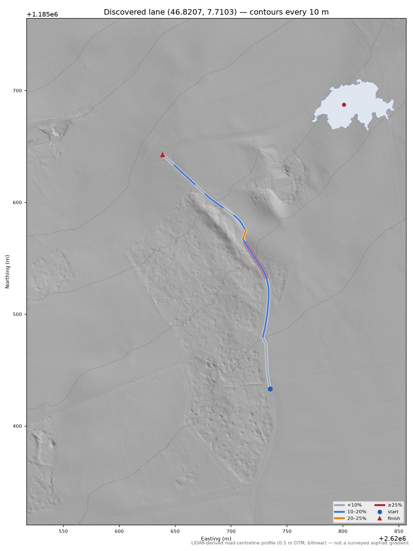 Discovered lane (46.8207, 7.7103) LiDAR hillshade map with contours