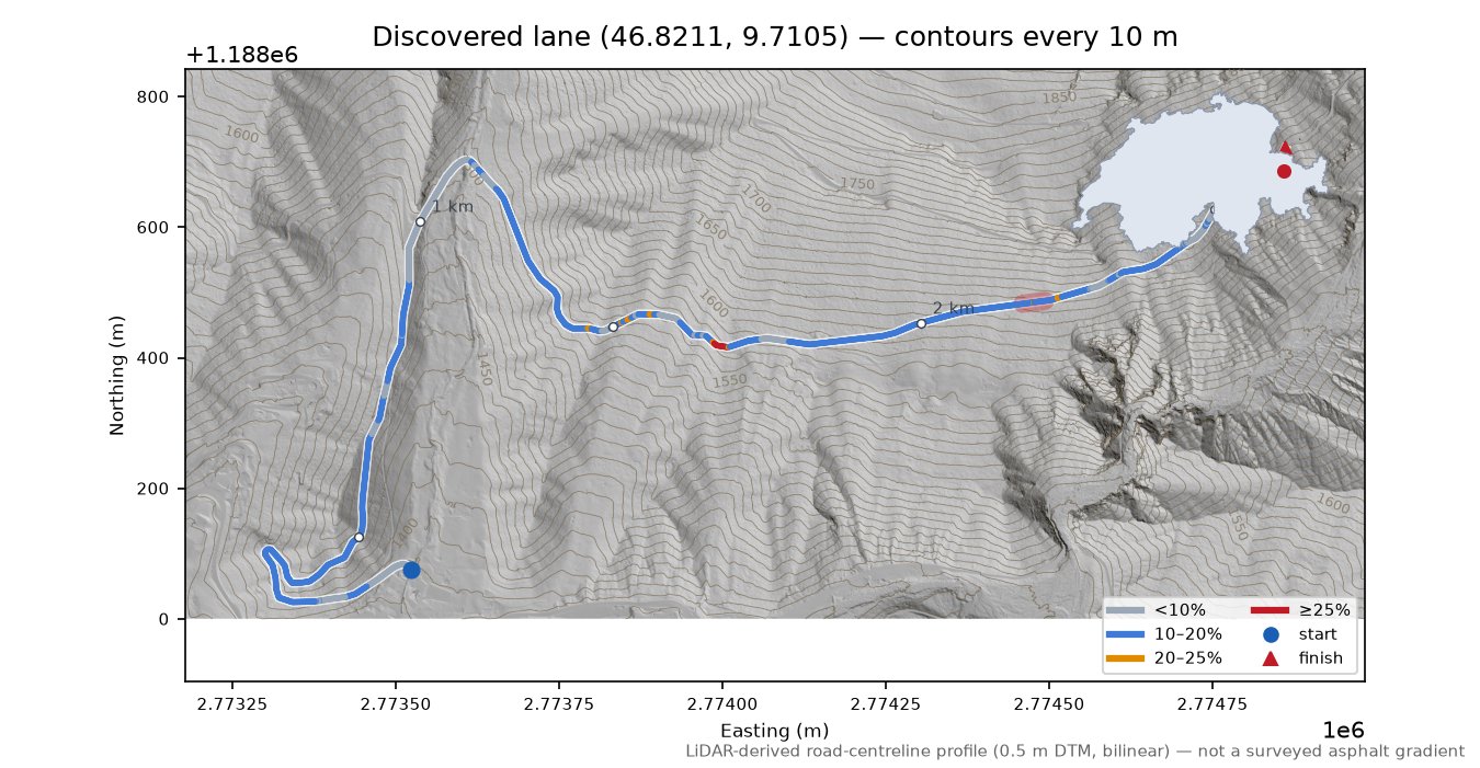 Discovered lane (46.8211, 9.7105) LiDAR hillshade map with contours