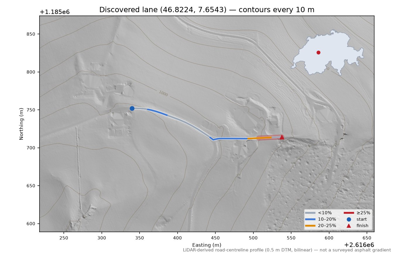 Discovered lane (46.8224, 7.6543) LiDAR hillshade map with contours