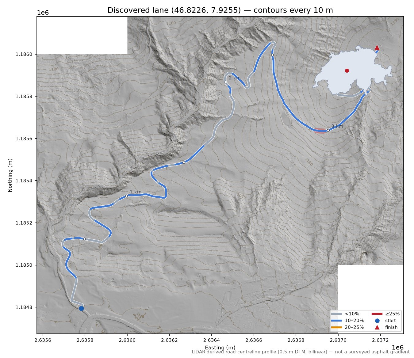 Discovered lane (46.8226, 7.9255) LiDAR hillshade map with contours