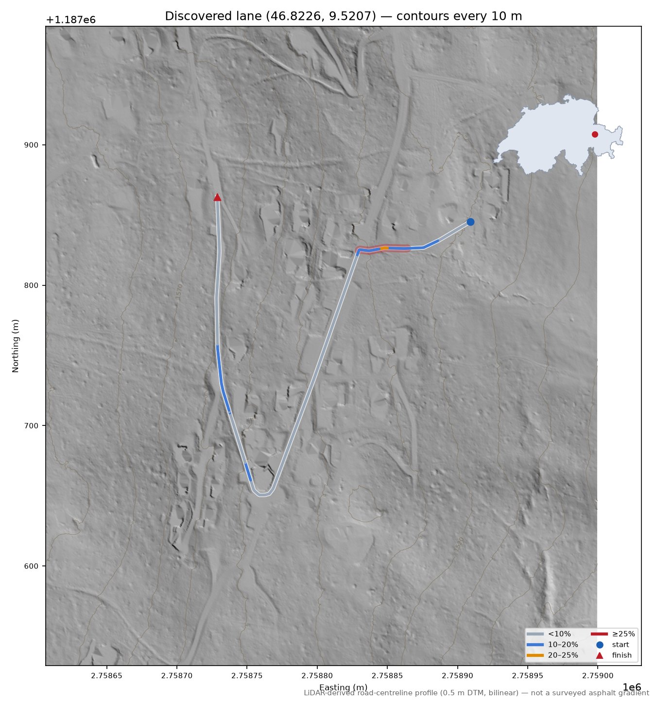 Discovered lane (46.8226, 9.5207) LiDAR hillshade map with contours