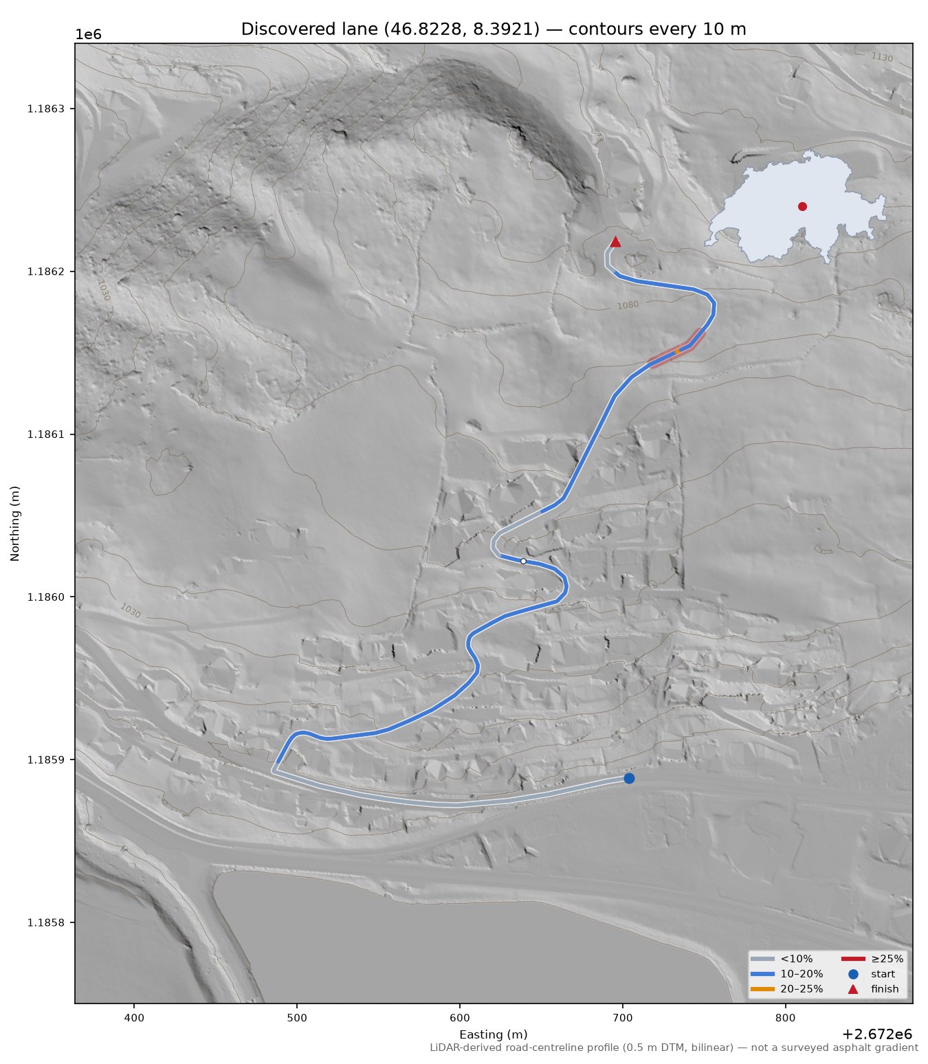 Discovered lane (46.8228, 8.3921) LiDAR hillshade map with contours