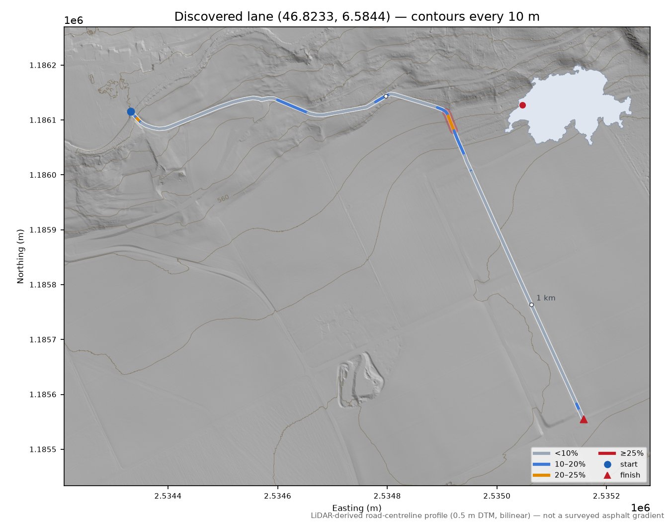 Discovered lane (46.8233, 6.5844) LiDAR hillshade map with contours