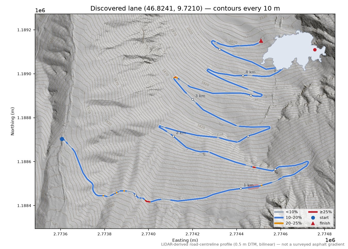 Discovered lane (46.8241, 9.7210) LiDAR hillshade map with contours