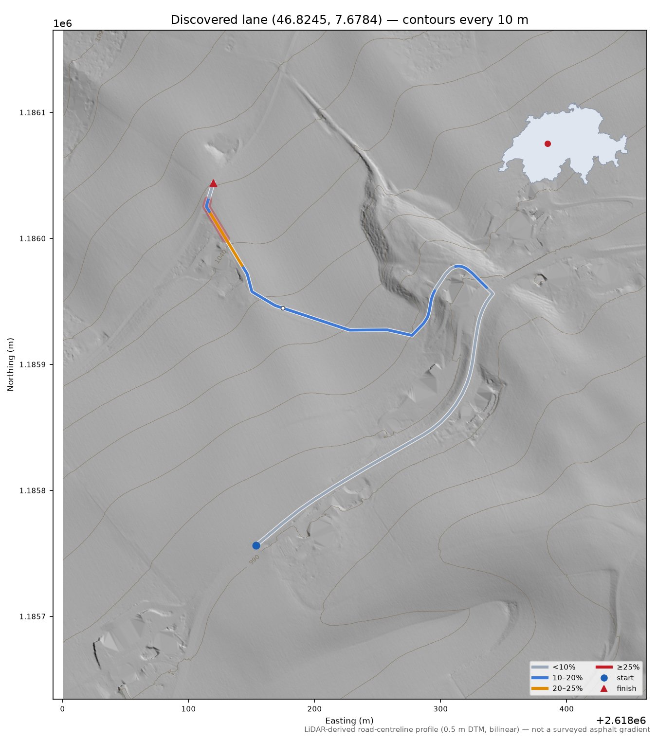 Discovered lane (46.8245, 7.6784) LiDAR hillshade map with contours