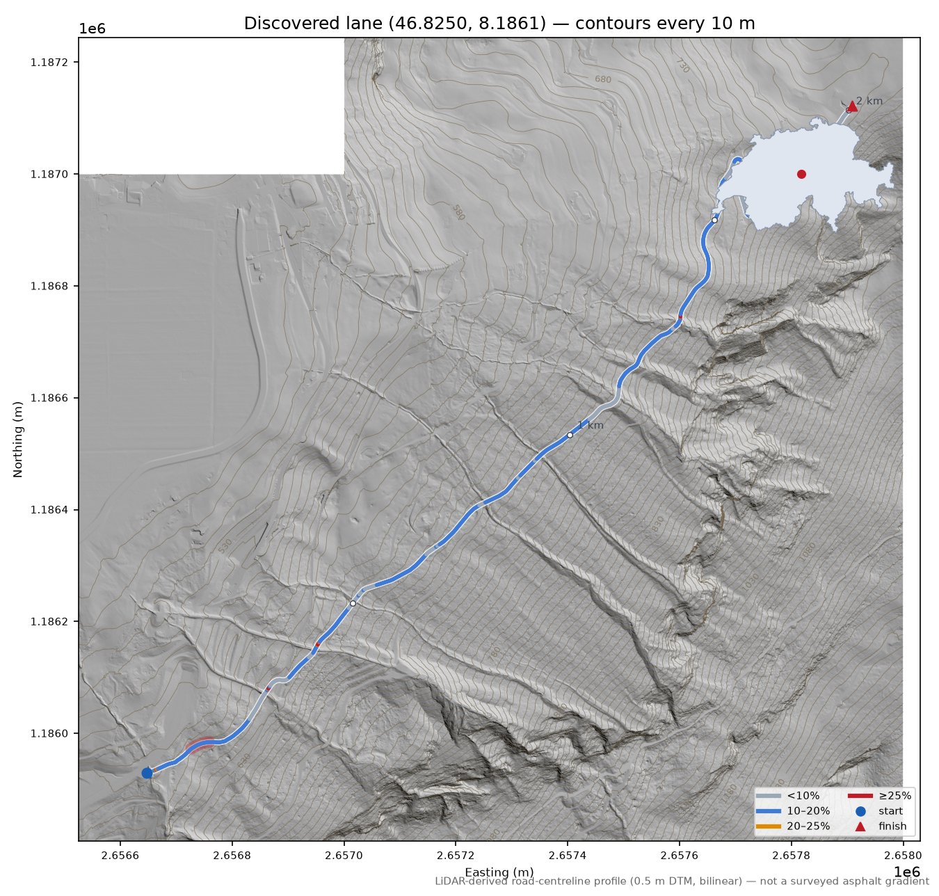 Discovered lane (46.8250, 8.1861) LiDAR hillshade map with contours