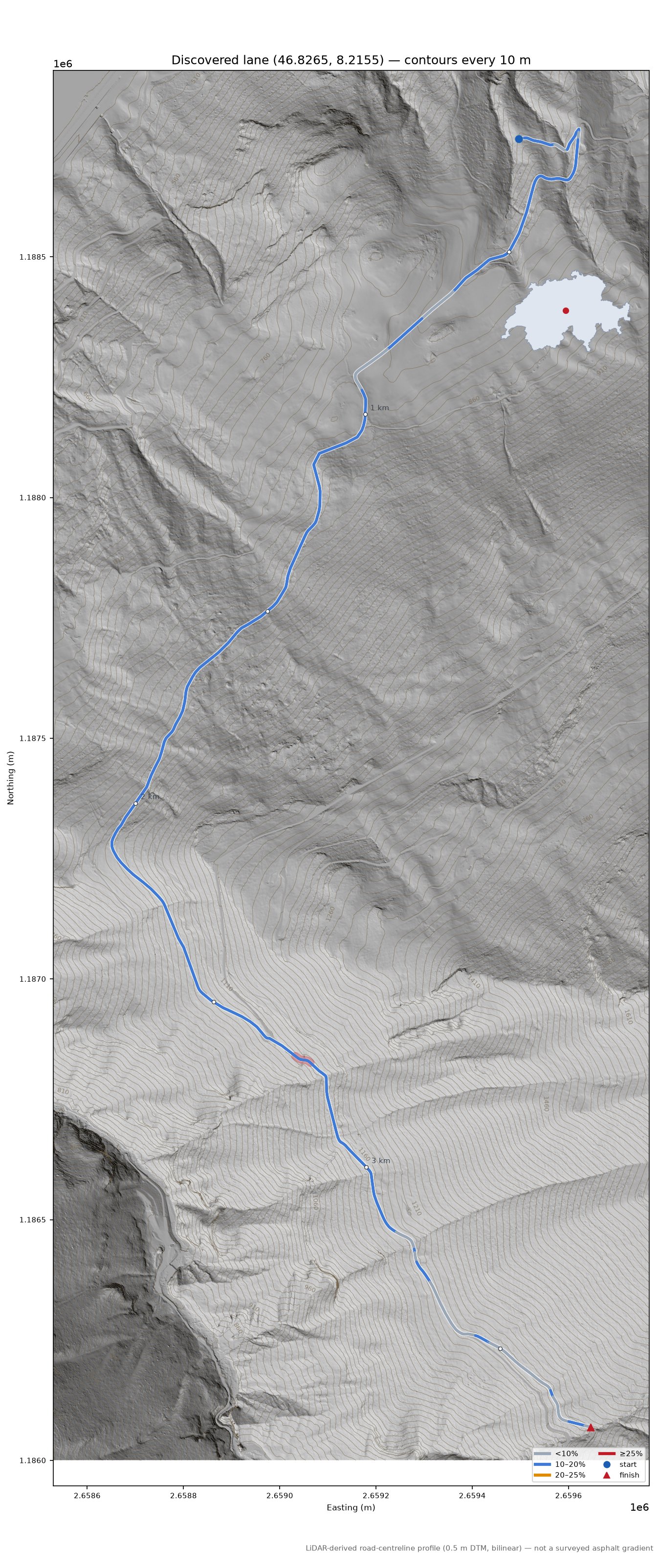 Discovered lane (46.8265, 8.2155) LiDAR hillshade map with contours