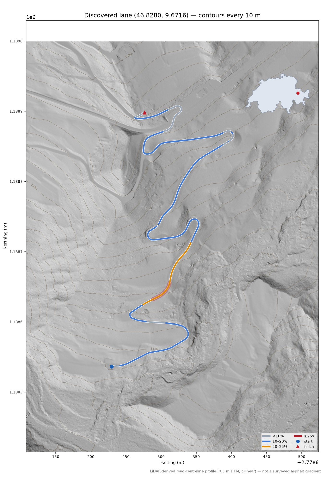 Discovered lane (46.8280, 9.6716) LiDAR hillshade map with contours