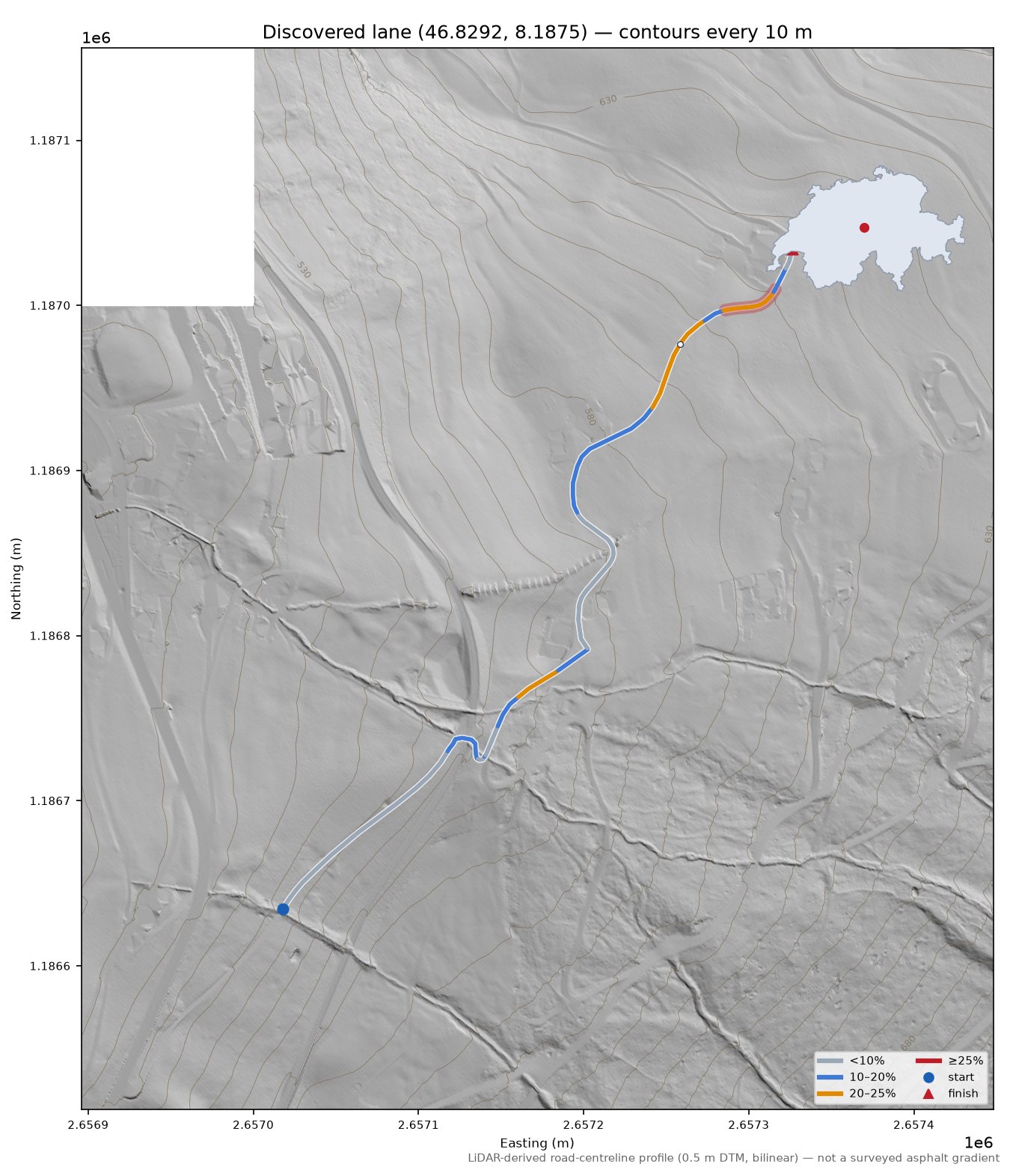 Discovered lane (46.8292, 8.1875) LiDAR hillshade map with contours