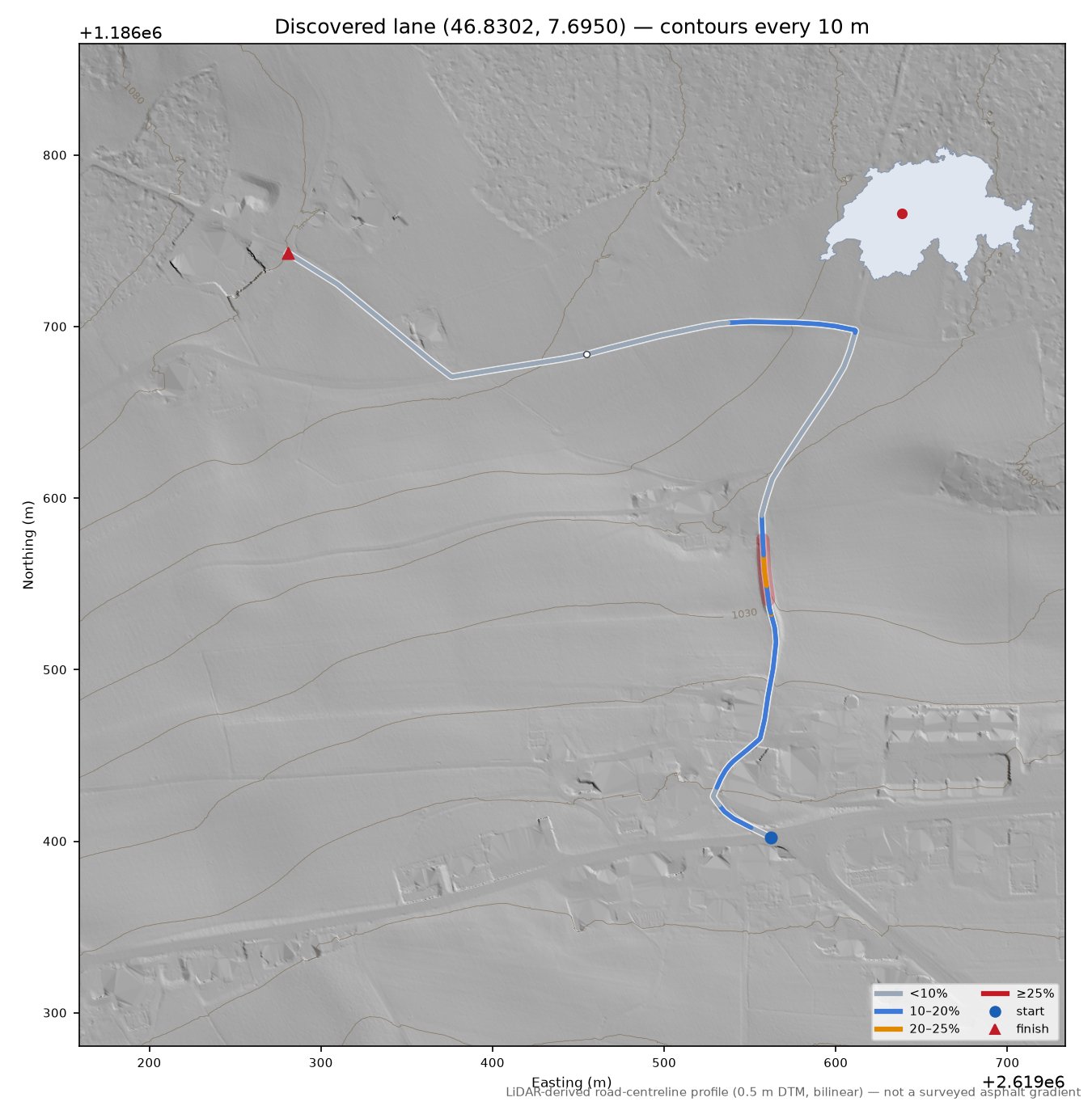Discovered lane (46.8302, 7.6950) LiDAR hillshade map with contours