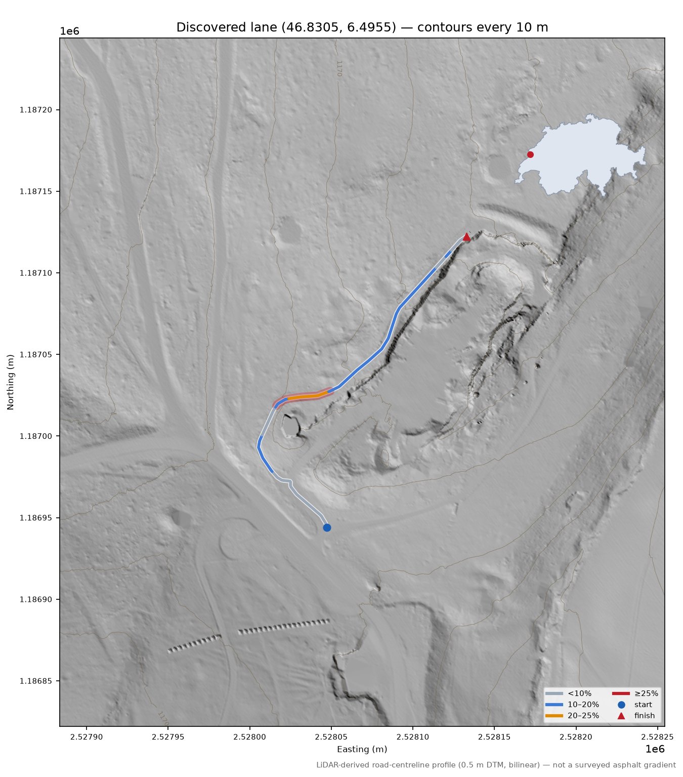 Discovered lane (46.8305, 6.4955) LiDAR hillshade map with contours