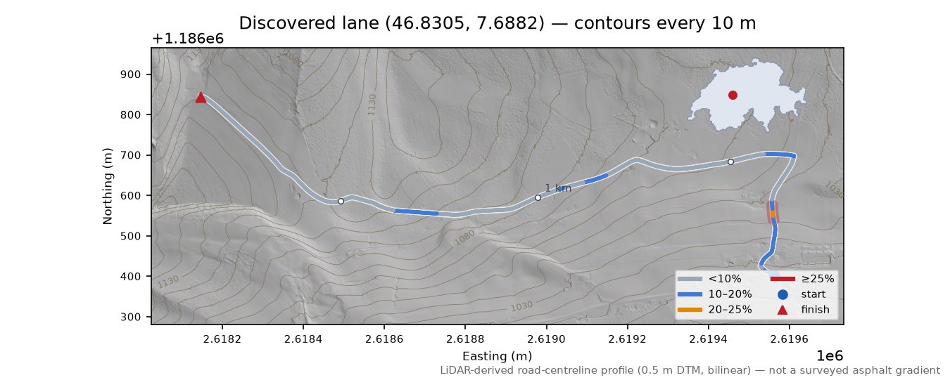 Discovered lane (46.8305, 7.6882) LiDAR hillshade map with contours