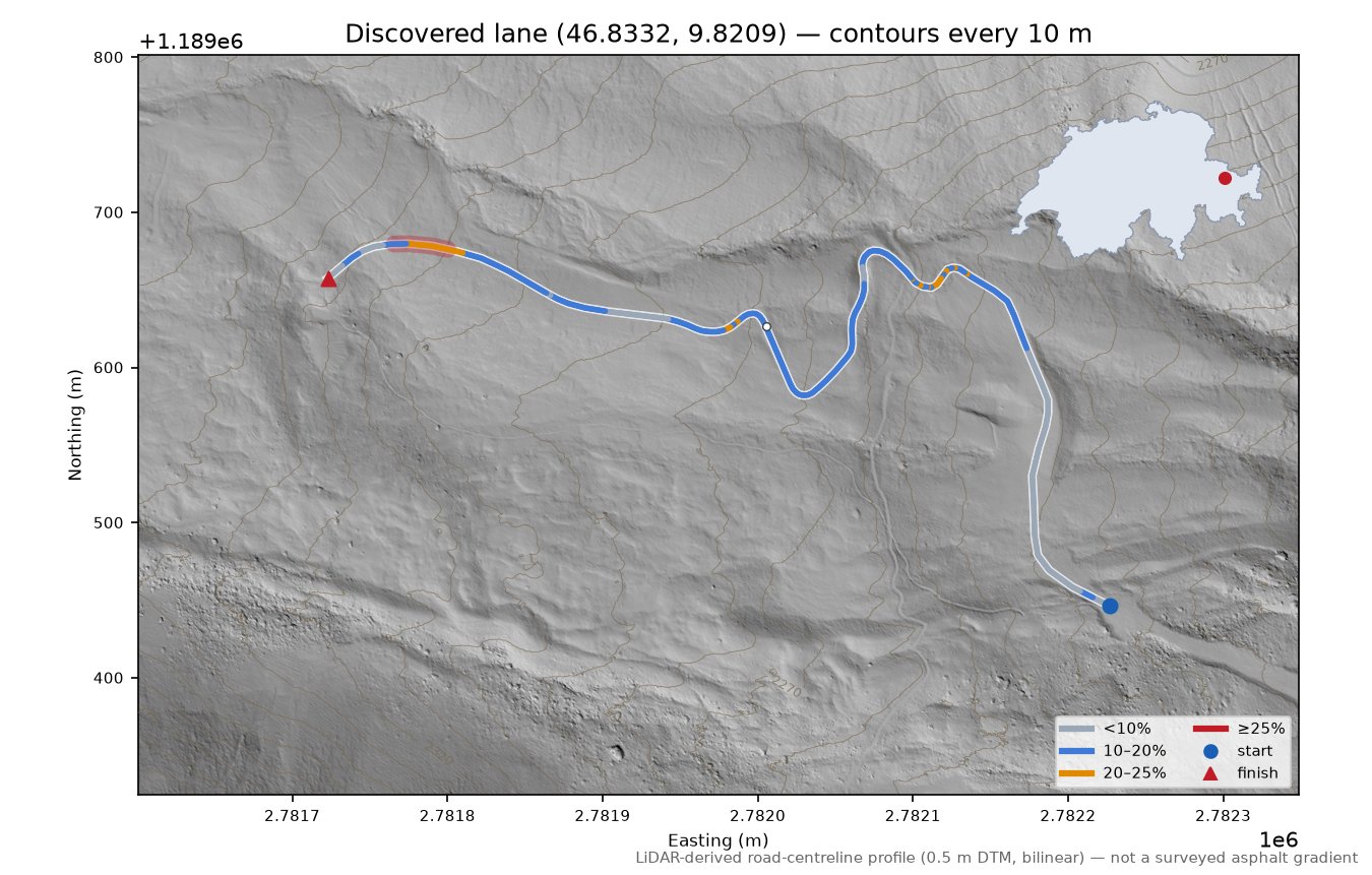 Discovered lane (46.8332, 9.8209) LiDAR hillshade map with contours