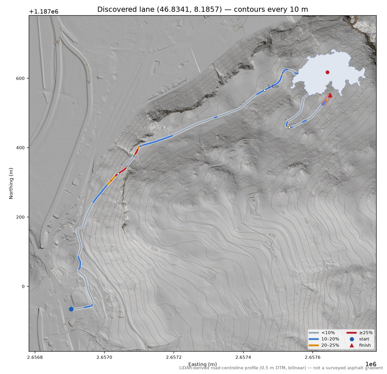 Discovered lane (46.8341, 8.1857) LiDAR hillshade map with contours