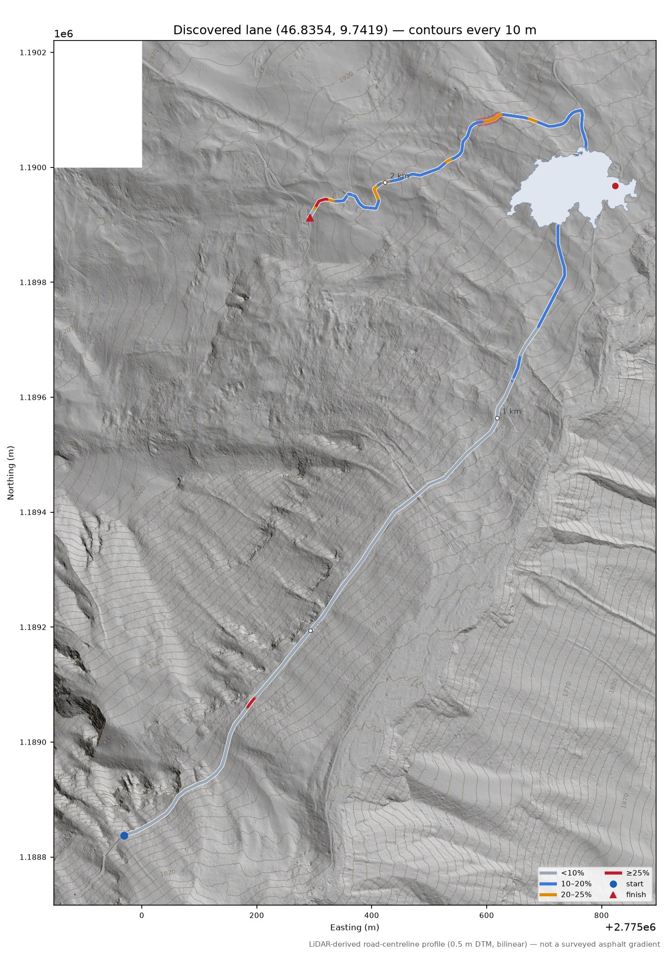 Discovered lane (46.8354, 9.7419) LiDAR hillshade map with contours