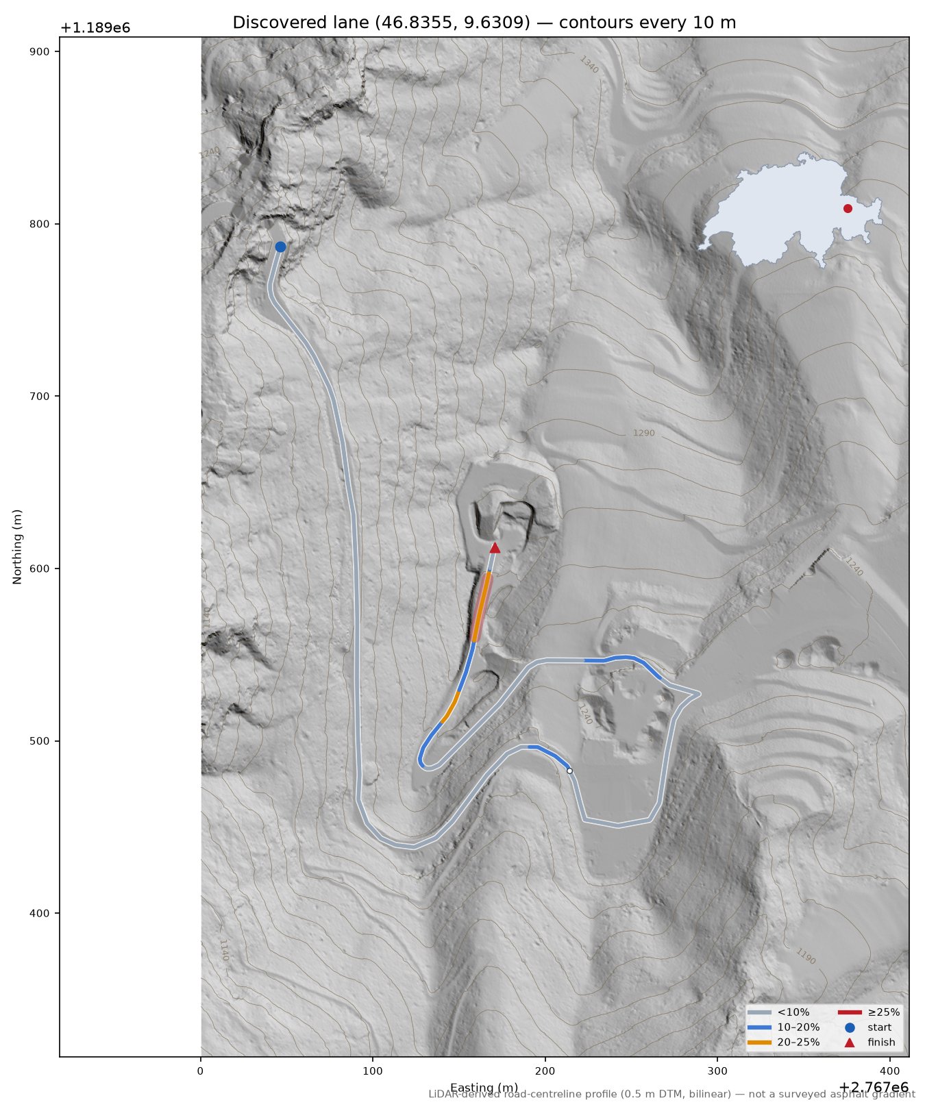 Discovered lane (46.8355, 9.6309) LiDAR hillshade map with contours