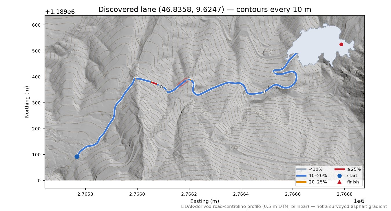 Discovered lane (46.8358, 9.6247) LiDAR hillshade map with contours