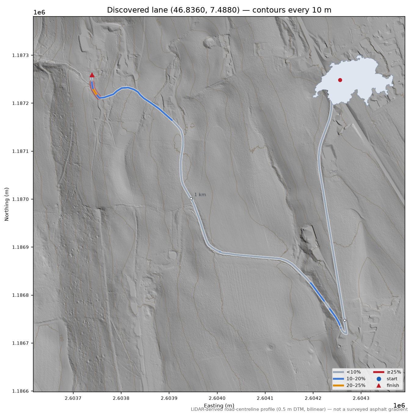 Discovered lane (46.8360, 7.4880) LiDAR hillshade map with contours