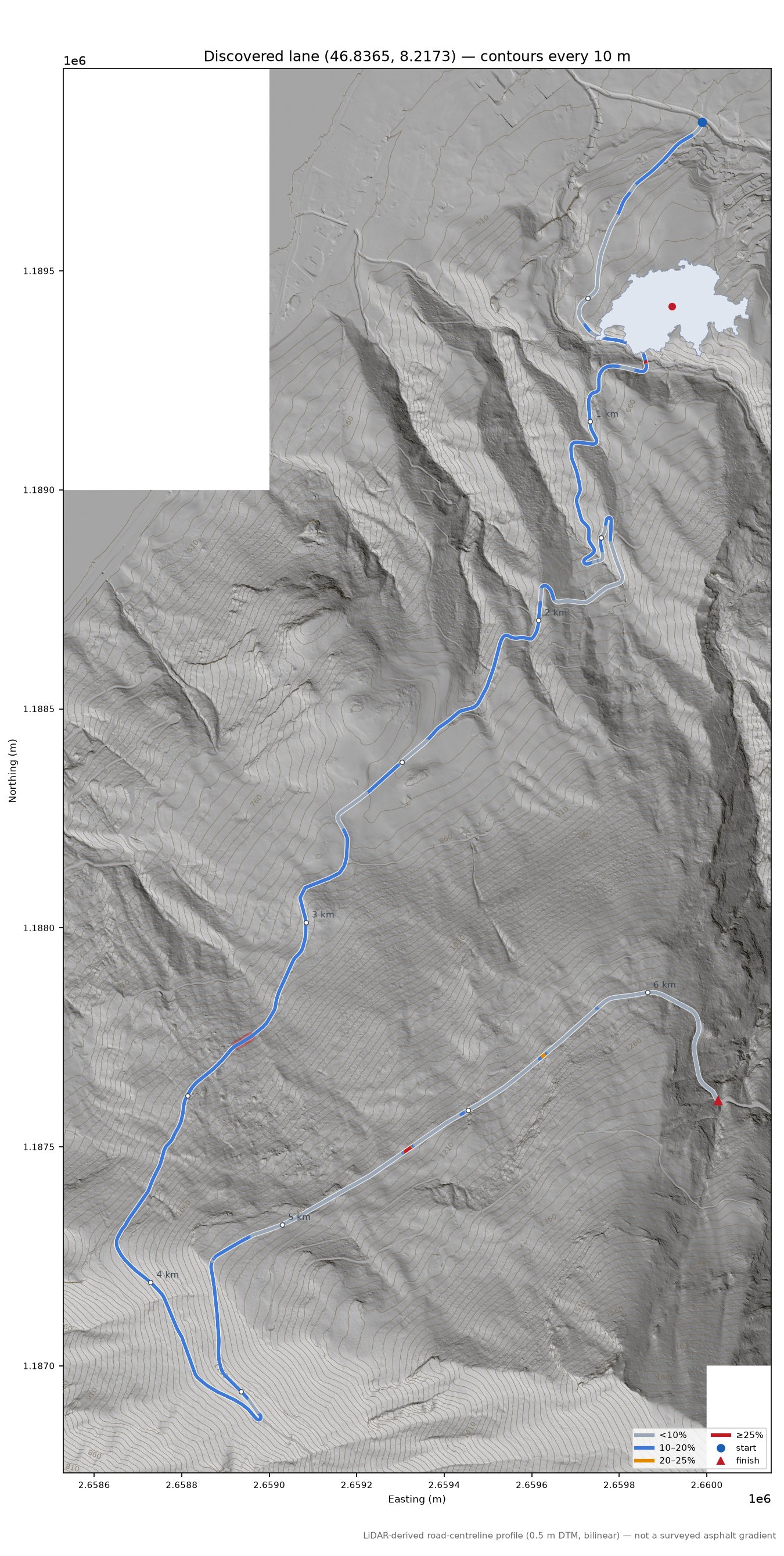 Discovered lane (46.8365, 8.2173) LiDAR hillshade map with contours