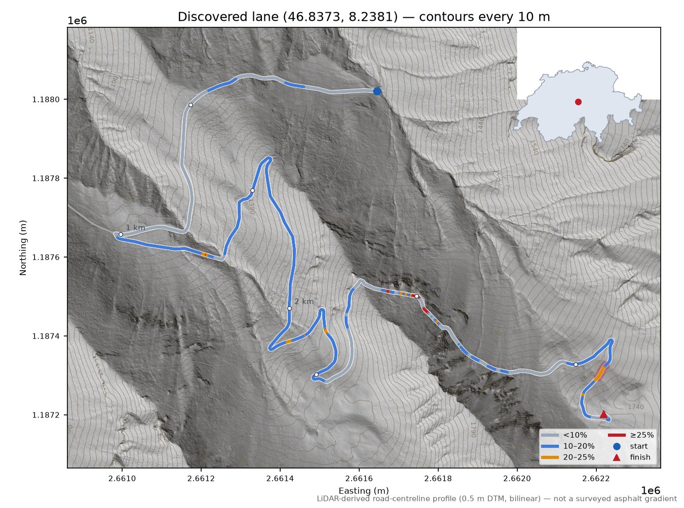 Discovered lane (46.8373, 8.2381) LiDAR hillshade map with contours