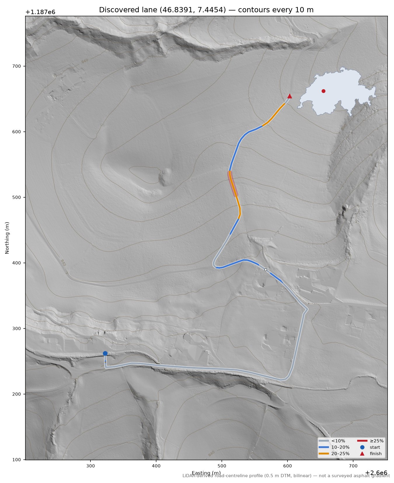 Discovered lane (46.8391, 7.4454) LiDAR hillshade map with contours