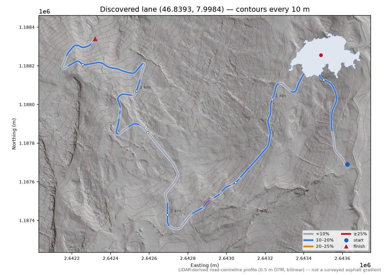 Discovered lane (46.8393, 7.9984) LiDAR hillshade map with contours